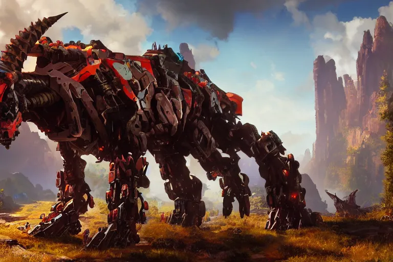 Image similar to grimhorn fanghorn machine mecha animal beast robot of horizon forbidden west horizon zero dawn bioluminiscence global illumination ray tracing hdr fanart arstation by sung choi and eric pfeiffer and gabriel garza and casper konefal