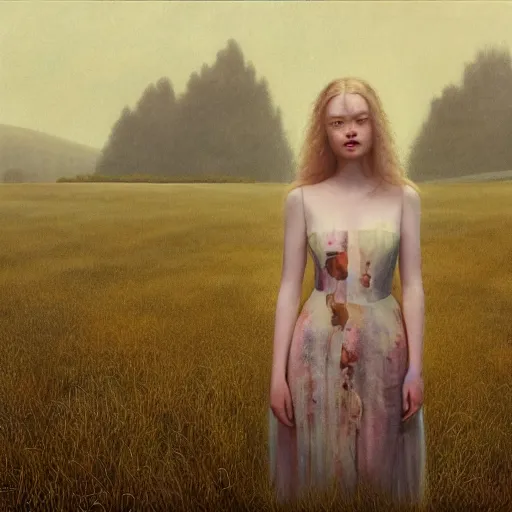 Prompt: Elle Fanning in a field in the world of Adam Wyeth, head and shoulders portrait, stormy weather, extremely detailed masterpiece, oil on canvas, low-key neon lighting, artstation, Blade Runner 2049, Roger Deakin’s cinematography, by J. C. Leyendecker and Peter Paul Rubens and Edward Hopper and Michael Sowa,