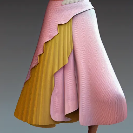 Image similar to a skirt ,silk and cotton,pink and light yellow,layers,long design,white belt,3d render ,fashion design ,highly detailed, hyper realistic,keyshot render,octane render,hdri, 4k -