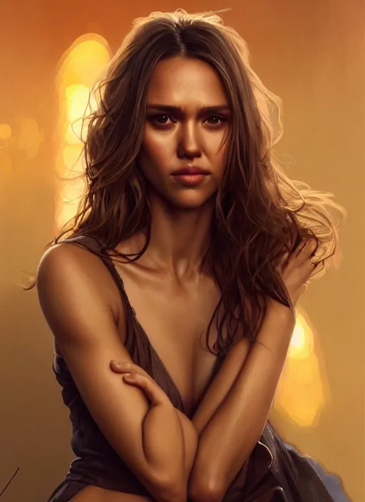 Image similar to half Jessica Alba half Nathalie Portman half scarlett johansonna pure attractive godess, full body portrait, slight smile, diffuse natural sun lights, autumn lights, highly detailed, digital painting, artstation, concept art, sharp focus, illustration, art by wlop and greg rutkowski and alphonse mucha and artgerm