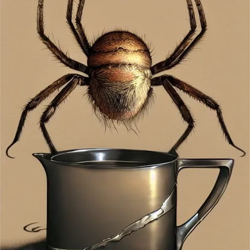 Prompt: incy whincy spider sat on the chrome teapot, highly detailed, digital painting, artstation, concept art, smooth, sharp focus, illustration, art by artgerm and greg rutkowski and alphonse mucha