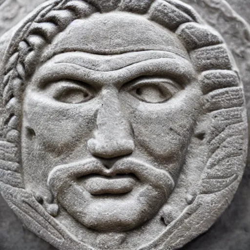 Image similar to embossed stone relief of PewDiePie. mesoamerican stone etching style. artifact. award-winning photography.