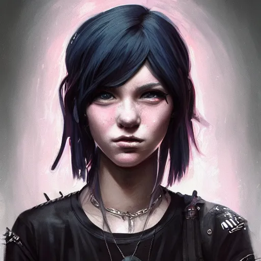 Image similar to highly detailed portrait of a punk young lady by by Loish, Artgerm,Greg Rutkowski, 4k resolution