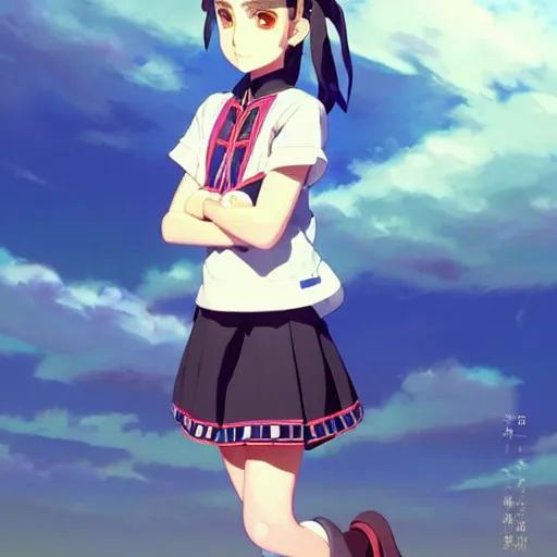 Image similar to a beautiful! boyish! natalie portman model, wearing catholic school girl outfit with mayan pattern and native style, aztec street fashion, guilty gear art direction, gapmoe yandere grimdark, trending on pixiv fanbox, painted by greg rutkowski makoto shinkai takashi takeuchi studio ghibli, akihiko yoshida