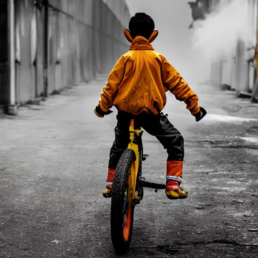 Image similar to a photo of a boy wearing a hazmat suit, riding a bike, side-view, smoke in the background, filthy streets, broken cars. Vines growing. Jpeg artifacts. Full-color photo. 4K UHD. Color color color color color. Award-winning photo. Samyang/Rokinon Xeen 50mm T1.5