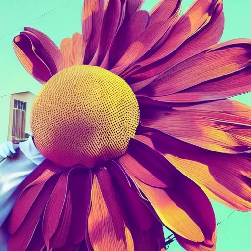 Image similar to giant flower head, frontal, girl standing in mid century hotel, surreal, symmetry, bright colors, cinematic, wes anderson