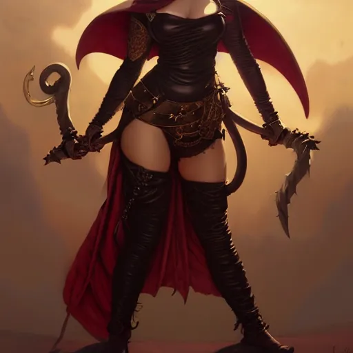 Image similar to portrait of sunny leone as a surly and resentful female tiefling thief with small horns clothed in leather armor and a cloak, angry expression, by Greg Rutkowski and John Collier and Krenz Cushart and Artem Demura and Alphonse Mucha and Albert Aublet, as seen on ArtStation, 4k, dungeons and dragons, very aesthetic, very detailed, intricate, unreal, fantasy, dramatic, painterly, artstation, sharp focus, smooth