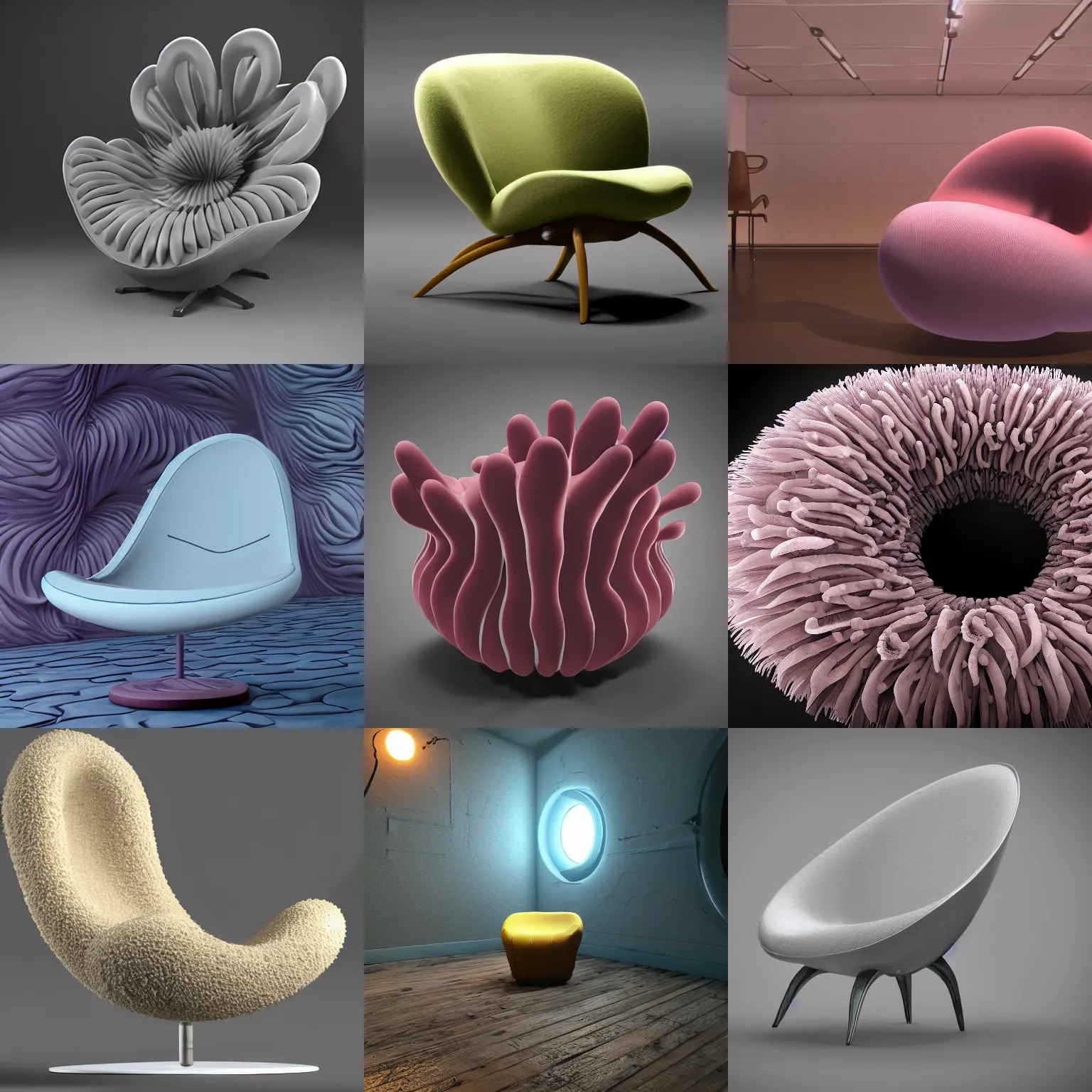 Prompt: a comfy chair in the style of Eero Aarnio that looks like a sea anemone, many tentacles, claustrophobic, the sort of chair you would sink into like a womb , unreal engine, studio lighting