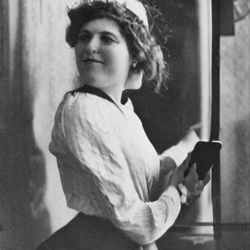 Image similar to woman, full length portrait do selfie with iphone, photo, 1 9 1 0