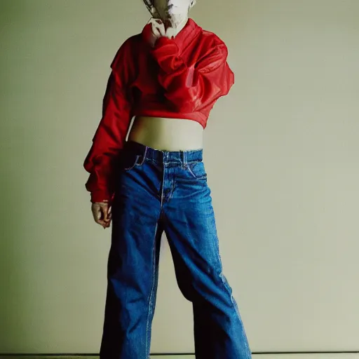 Image similar to realistic photoshooting for a new vetements lookbook, color film photography, photo of a woman, photo in style of tyler mitchell, 3 5 mm, featured on vogue