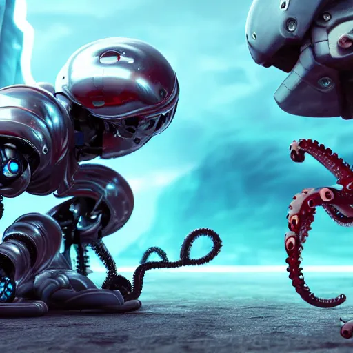 Image similar to battle cyborg fighting a robot octopus, 8k HD photography