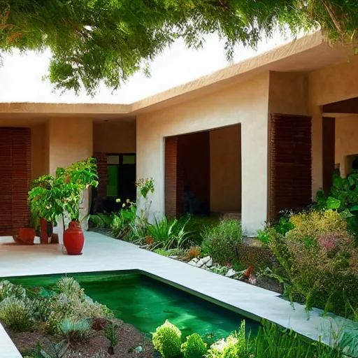 Image similar to a beautiful desert house with flowing green garden around it