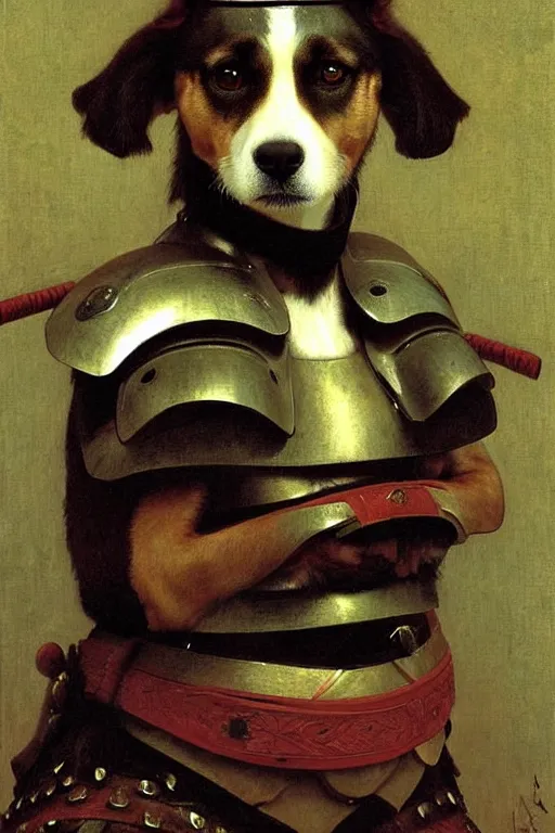 Image similar to portrait of a dog samurai, wearing samurai armor and helmet, majestic, solemn, by bouguereau