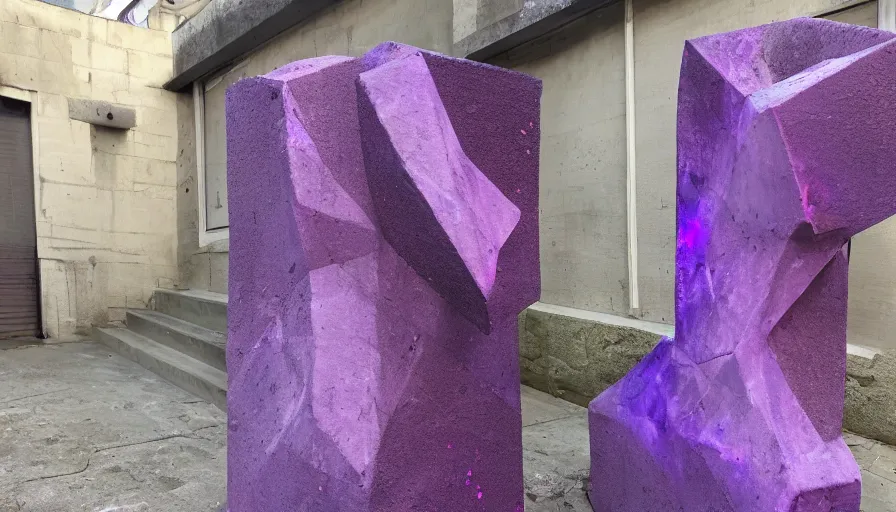 Prompt: geometric statue!!!, purple shattered paint!, hot glowing lava!!!!, ((conglomerate!, slush)), abstract!, display! 4k!, award-winning photo!!!!