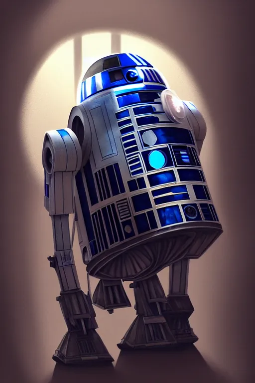 Prompt: a portrait of a man as r 2 d 2 droid, humanization, humanized, grim - lighting, high - contrast, intricate, elegant, highly detailed, digital painting, artstation, concept art, smooth, sharp focus, illustration