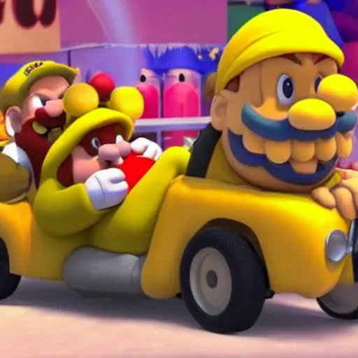 Image similar to Gérard Depardieu as Wario, yellow overall, yellow cap, the letter W, in a kart, Nintendo, render