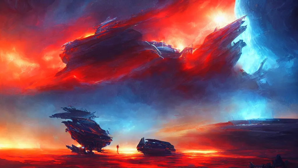 Prompt: A silver spacecraft meet gods of Egypt over the roaring scarlet red ocean draw by Art station artist Anato Finnstark, blue and orange lighting, foggy atmosphere , Bottom view