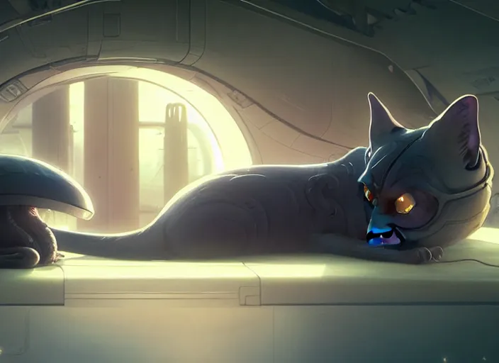 Image similar to alien cat sleeping in a spaceport in a gothcore ghibli animated film, volumetric lighting, octane render by stanley artgerm lau, greg rutkowski, alphonse mucha, loish, norman rockwel, highly detailed