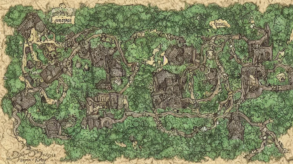 Image similar to a very detailed and stylized indoor map of a dungeon in a forest for game of d & d.