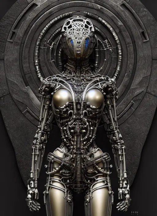 Image similar to timeless cybernetic deity, intricate detail, royo, whealan, giger, klimt, hd, octane render, unreal engine,