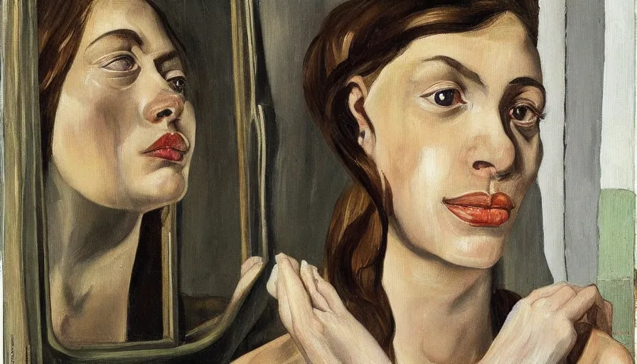 Image similar to painting by lucien freud, young woman in front of the mirror, detailed, stunning