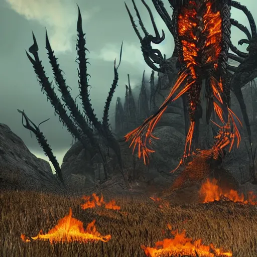 Image similar to distant shot of a 1 0 0 foot tall centipede, made of bones, trampling a burning forest, from skyrim, by makoto shinkai, hayao miyazaki, sakimichan h - w 1 0 2 4