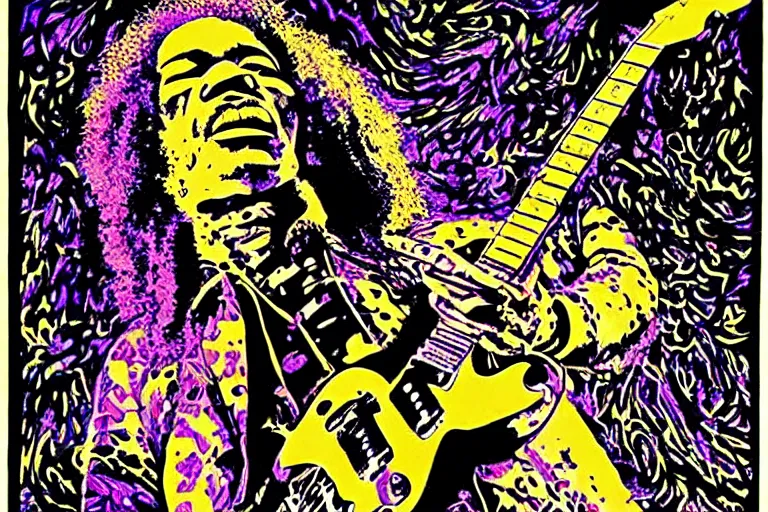 Prompt: grunge rock jimi hendrix, psychedelic concert poster, grainy, surrealist hand drawn by Frank Kozik, extremely detailed.