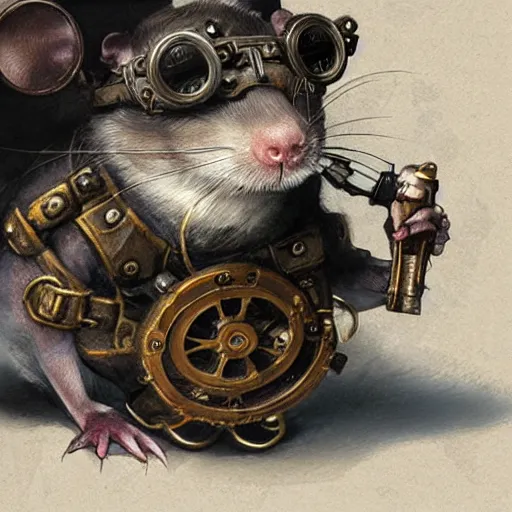 Image similar to a rat with steampunk googles, by Greg Rutkowski