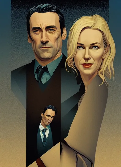 Image similar to poster artwork by Michael Whelan and Tomer Hanuka, Karol Bak of Naomi Watts Jon Hamm husband & wife portrait, creepy smiles, from scene from Twin Peaks, clean, simple illustration, nostalgic, domestic, full of details