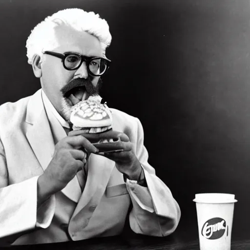 Prompt: An old vintage photograph of Colonel Sanders secretly eating a burger at McDonalds, 4k, highly detailed, photorealistic