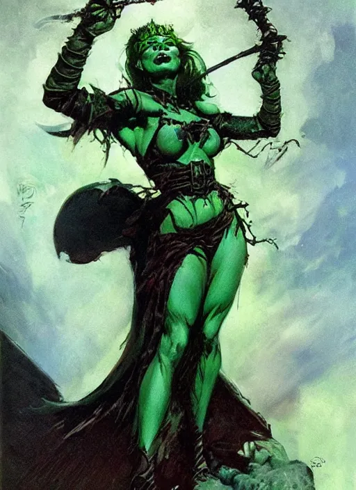 Image similar to ample female necromancer sorceress, green tiara, strong line, deep color, beautiful! coherent! by frank frazetta, by brom, low angle