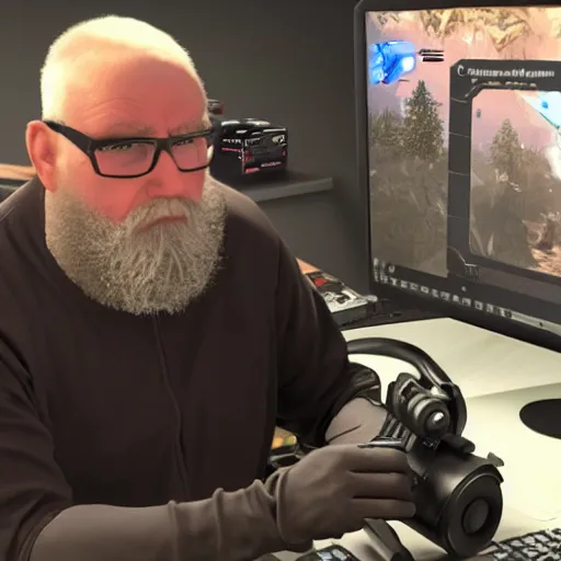 Prompt: large old man with glasses and a beard streaming an FPS game on his PC, 4k image,