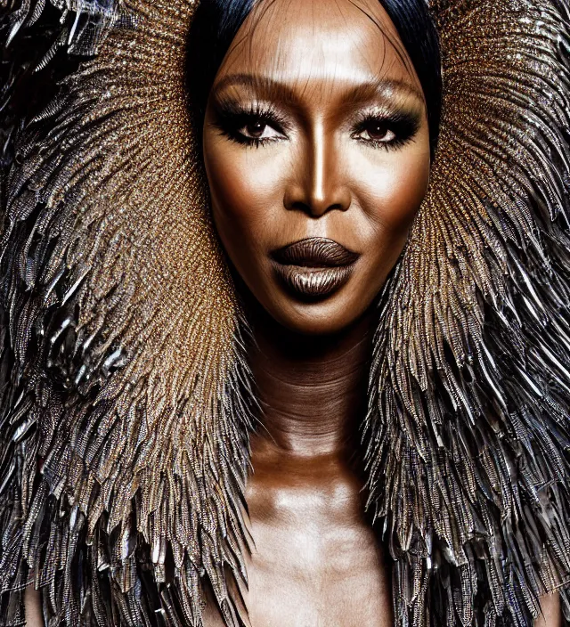 Image similar to photography face profil portrait of naomi campbell, natural pose, natural lighing, rim lighting, no flash, wearing a ornate transparent and metallic costume with feathers and cloth convolutions by iris van herpen, highly detailed, smooth, sharp foccus, kin grain detail, high detail, photography by by paolo roversi, creativity in fashion design