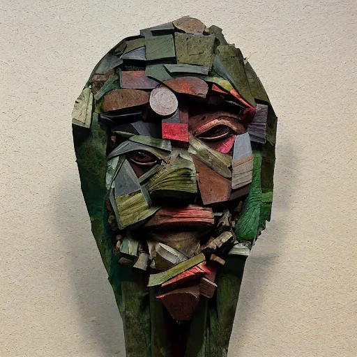 Prompt: abstract, sculpture made of various materials from rainforest of face of artificial intellicgence