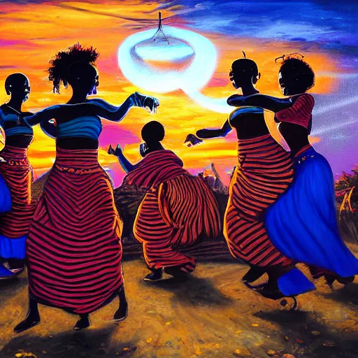 Prompt: african women dancing around a glowing energized steampunk portal at sunset, by alan kenny, oil on canvas