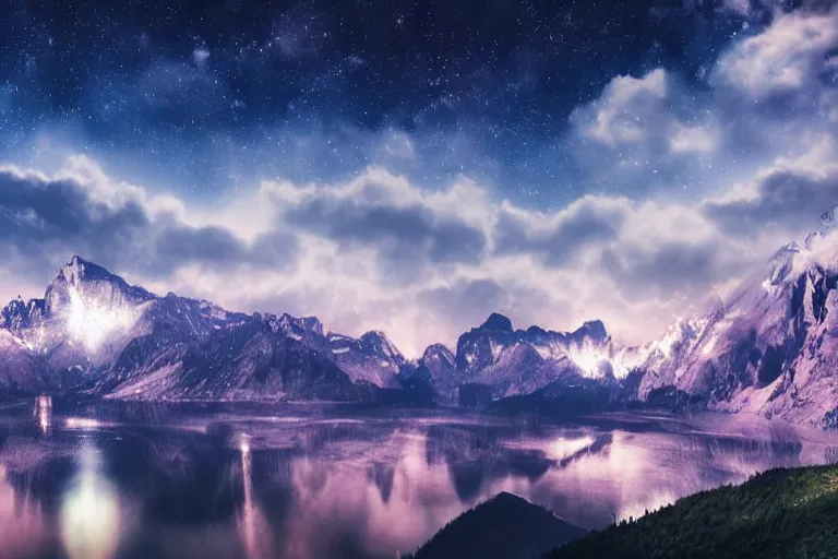 Prompt: montains clouds night sky lake small boat lights unreal engine very detailed photo illustration photorealistic trending on artstation unsplash