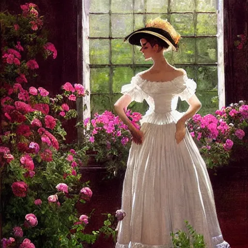 Prompt: painting hanging on wall full body fashion model emma watson by Winslow Homer smokey eyes makeup eye shadow fantasy, glow, shimmer as victorian woman in a long white frilly lace dress and a large white hat having tea in a sunroom filled with flowers, roses and lush fern flowers ,intricate, night, highly detailed, dramatic lighting , high quality