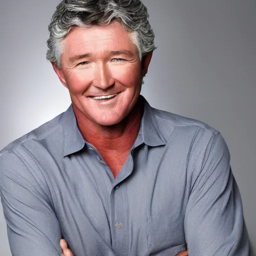 Image similar to patrick duffy with very long length straight grey hair wearing a white shirt