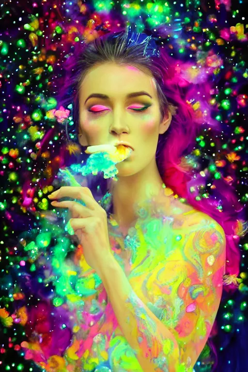 Image similar to psychedelic, whimsical, painting, beautiful intimate woman blowing smoke, with professional makeup, long trippy hair, a crystal and flower dress, sitting in a reflective pool, surrounded by gems, underneath the stars, rainbow fireflies, trending on patreon, deviantart, twitter, artstation, volumetric lighting, heavy contrast, art style of Ross Tran and Viktoria Gavrilenko and Ilya Kuvshinov