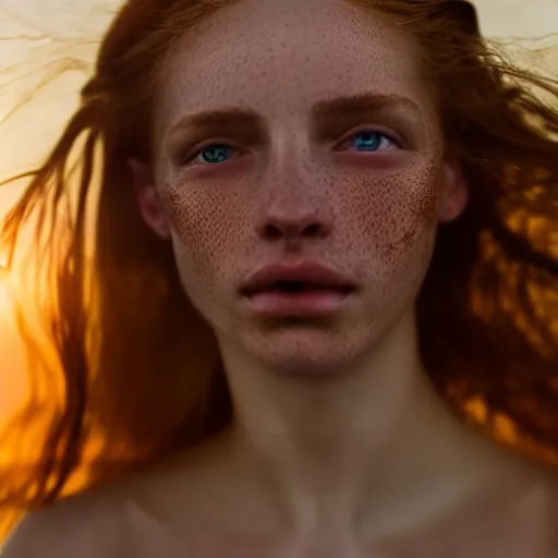 Image similar to photographic portrait of a stunningly beautiful renaissance female in soft dreamy light at sunset, freckles, extremely long flowing hair, contemporary fashion shoot, by edward robert hughes, annie leibovitz and steve mccurry, david lazar, jimmy nelsson, breathtaking, 8 k resolution, extremely detailed, beautiful, establishing shot, artistic, hyperrealistic, beautiful face, octane render