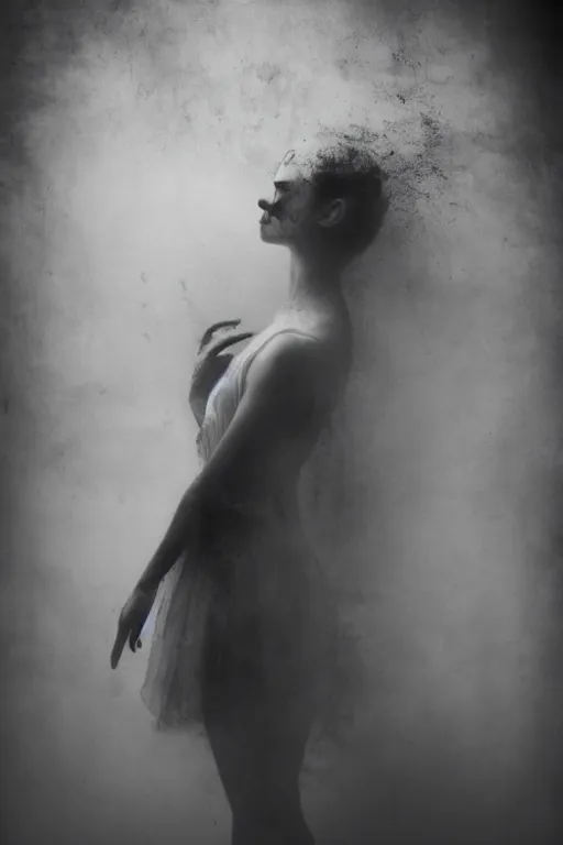 Image similar to dark ballerina, emil melmoth, concept art, deviantart, dark, 3 5 mm, chiaroscuro, surrealist, victorian, mist, dark, seen from below