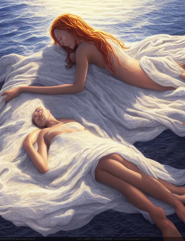 Prompt: A woman sleeping covered by the ocean, masterpiece digital painting by Alex Grey, Greg Rutkowski, 4k wallpaper