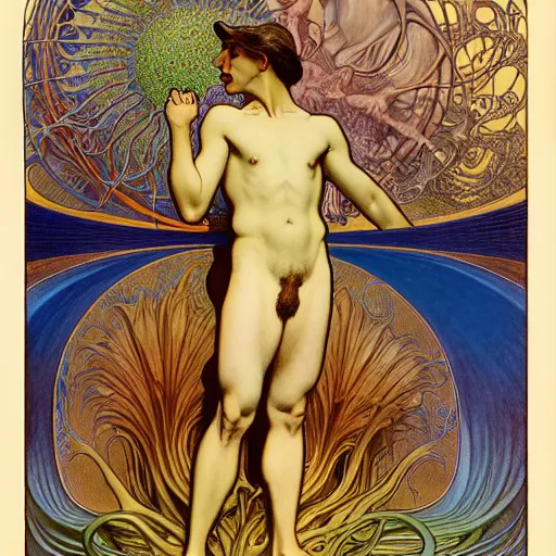 Image similar to an average man with his briefcase by Jean Delville, Amano and Yves Tanguy and Alphonse Mucha and Ernst Haeckel and Edward Robert Hughes and Roger Dean,