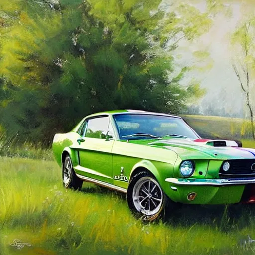 Image similar to green 1967 Ford Mustang GT, Swedish countryside, painting by Vladimir Volegov