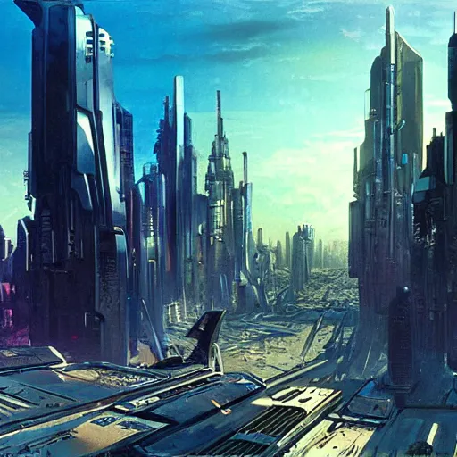 Image similar to futuristic cyberpunk city panorama, daylight, blue sky, cinematic lighting, blue sky, syd mead, john harris
