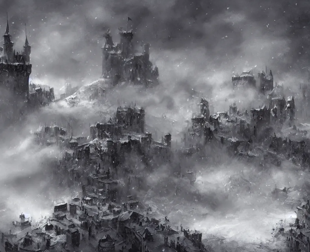 Image similar to Siege of a medieval castle in winter while two great armies face each other fighting below with banners and flags, catapults throw stones at the castle destroying its stone walls, heavy snow storm, fantasy, medieval, fire, explosions and grey smoke here and there, a dragon is slightly seen flying through the sky half covered by clouds smoke and fog, trending on Artstation, detailed oil on canvas painting by greg rutkowski and Raoul Vitale