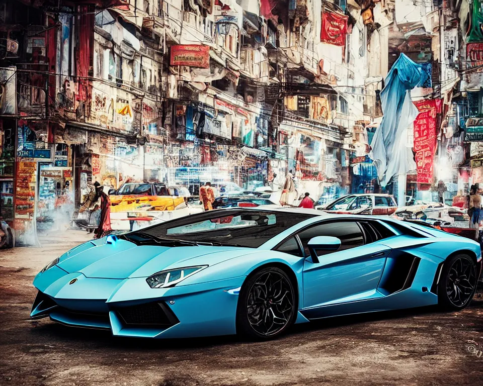 Prompt: lamborghini aventador photoshoot, cinematic, indian bazaar background, photography by alexey kurylev, beautiful, india, heavily detailed