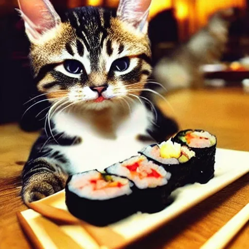 Prompt: realistic photo of a cute cat eating sushi