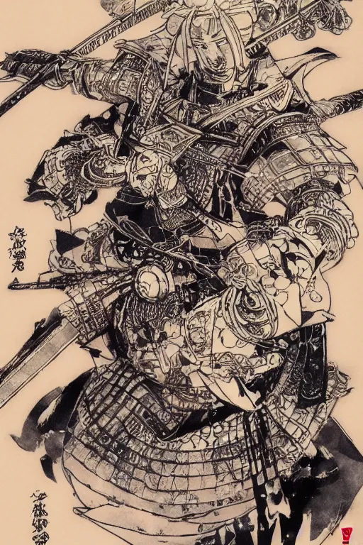 Image similar to elegant illustration of samurai warfare by Yoshitaka Amano