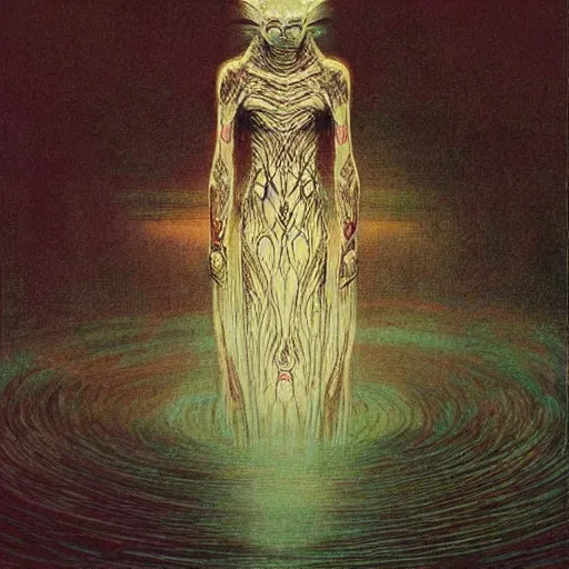 Image similar to simple concept art of an ancient alien floating in a dark room, an award winning yoshitaka amano digital art poster, by james gurney and gerhard richter. art by takato yamamoto. masterpiece, deep colours.